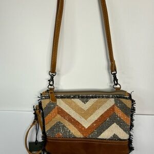 Myra ECCENTRIC Wristlet Crossbody Bag Dual Strap Distressed Leather Cotton Rug